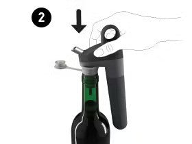 Instructions for using a corkscrew, showing a hand pushing down a lever on a corkscrew above a wine bottle.