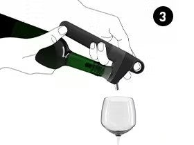 Hands pouring wine from a bottle into a glass using a wine aerator, labeled step 3.