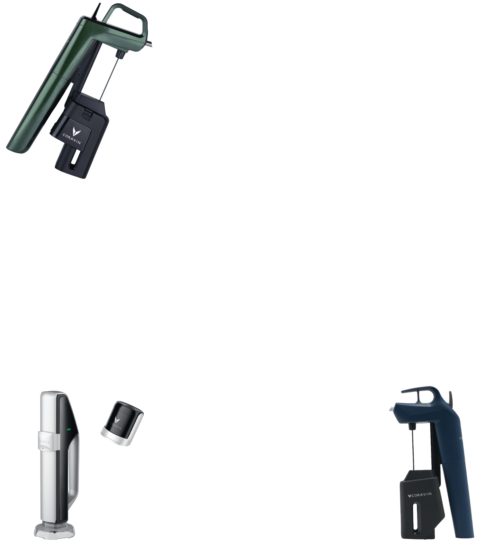 Three wine preservation systems in various colors: green, silver, and navy, with dive tube attachments visible.