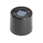 Black Coravin wine stopper with a circular top featuring a blue center and the Coravin logo.