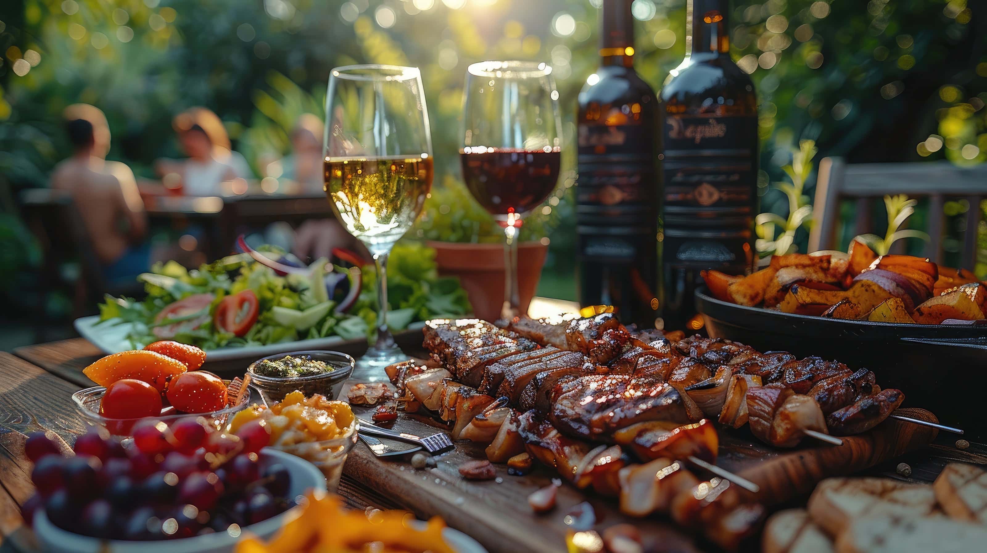 Outdoor summer BBQ table with grilled meat skewers, roasted vegetables, fresh salad, and red and white wine glasses, set for a gathering with friends in a garden setting.