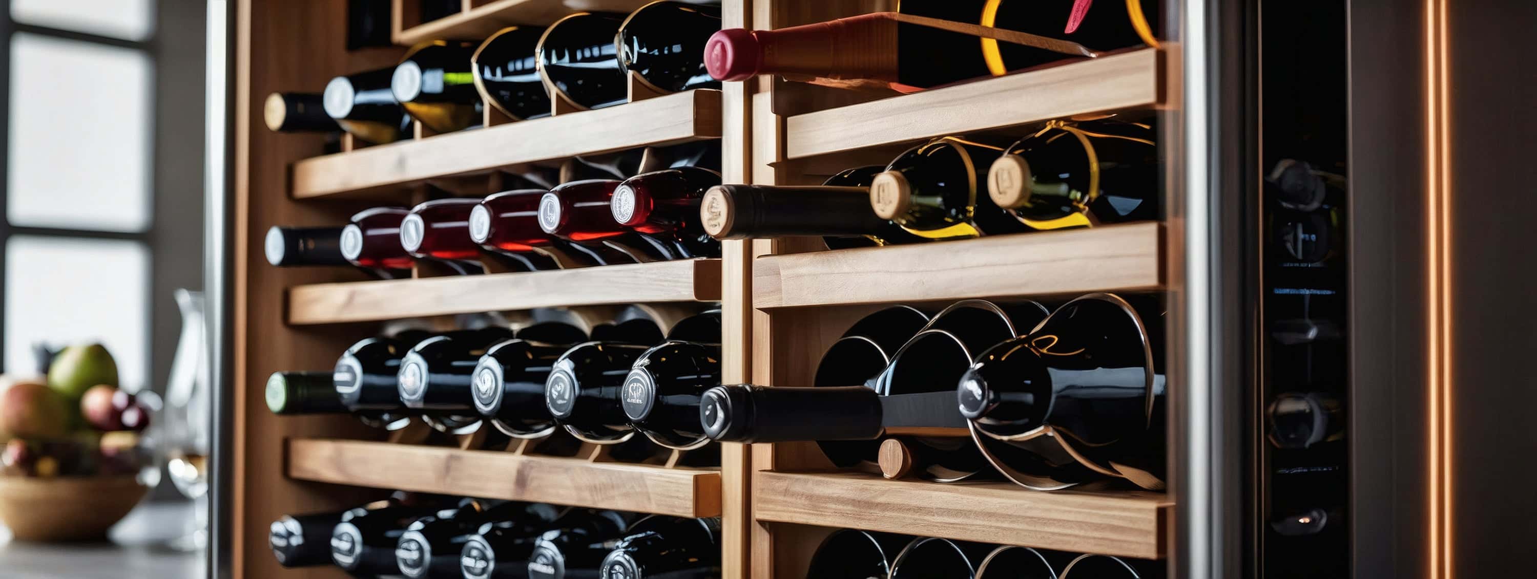Close-up of a modern wine fridge with wooden shelves, stocked with various bottles of red, white, and rosé wine, in a sleek kitchen setting with fruit and glassware blurred in the background.