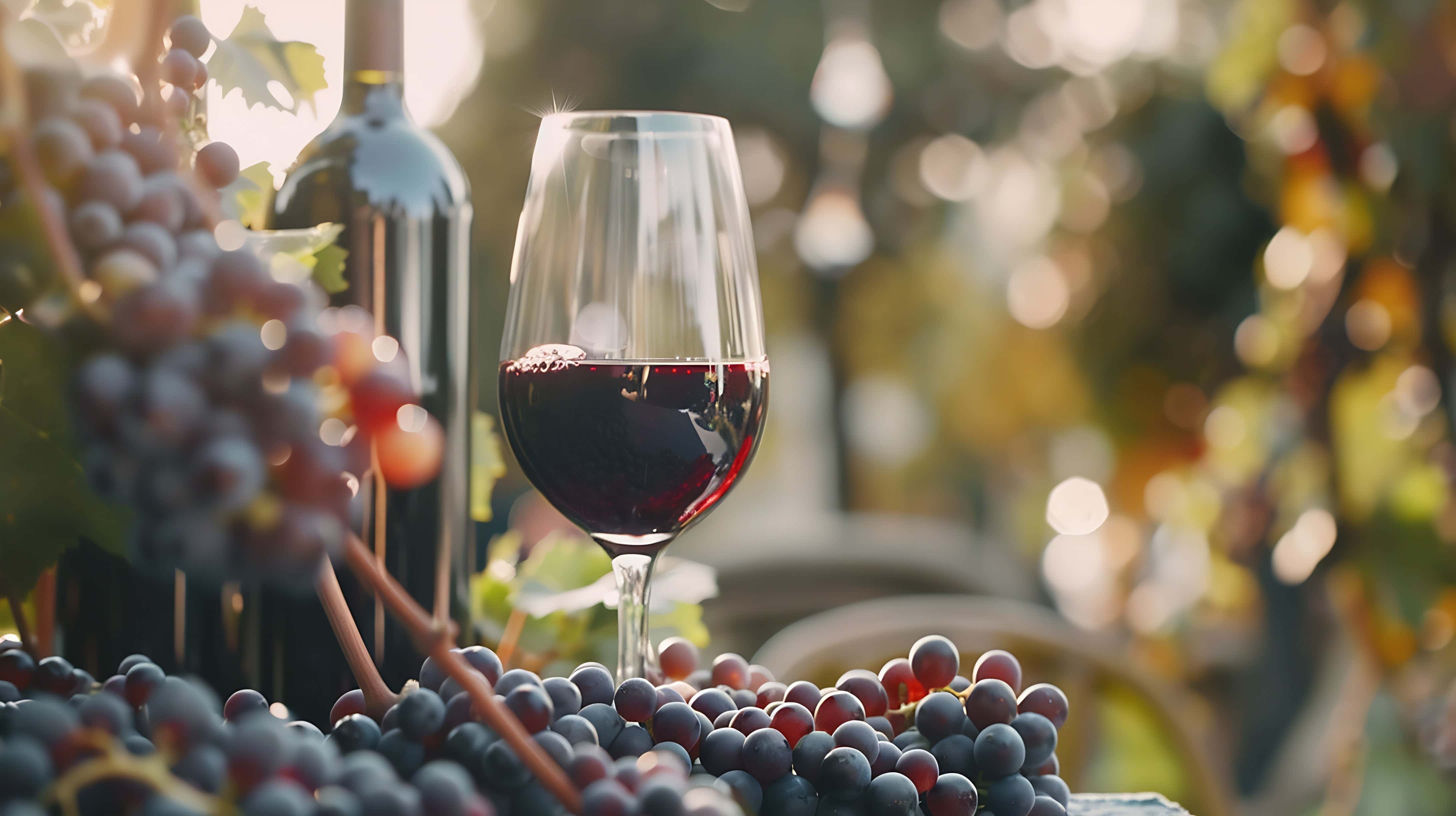 Glass of red wine and wine bottle surrounded by clusters of ripe red grapes on a table in a sunlit vineyard setting.