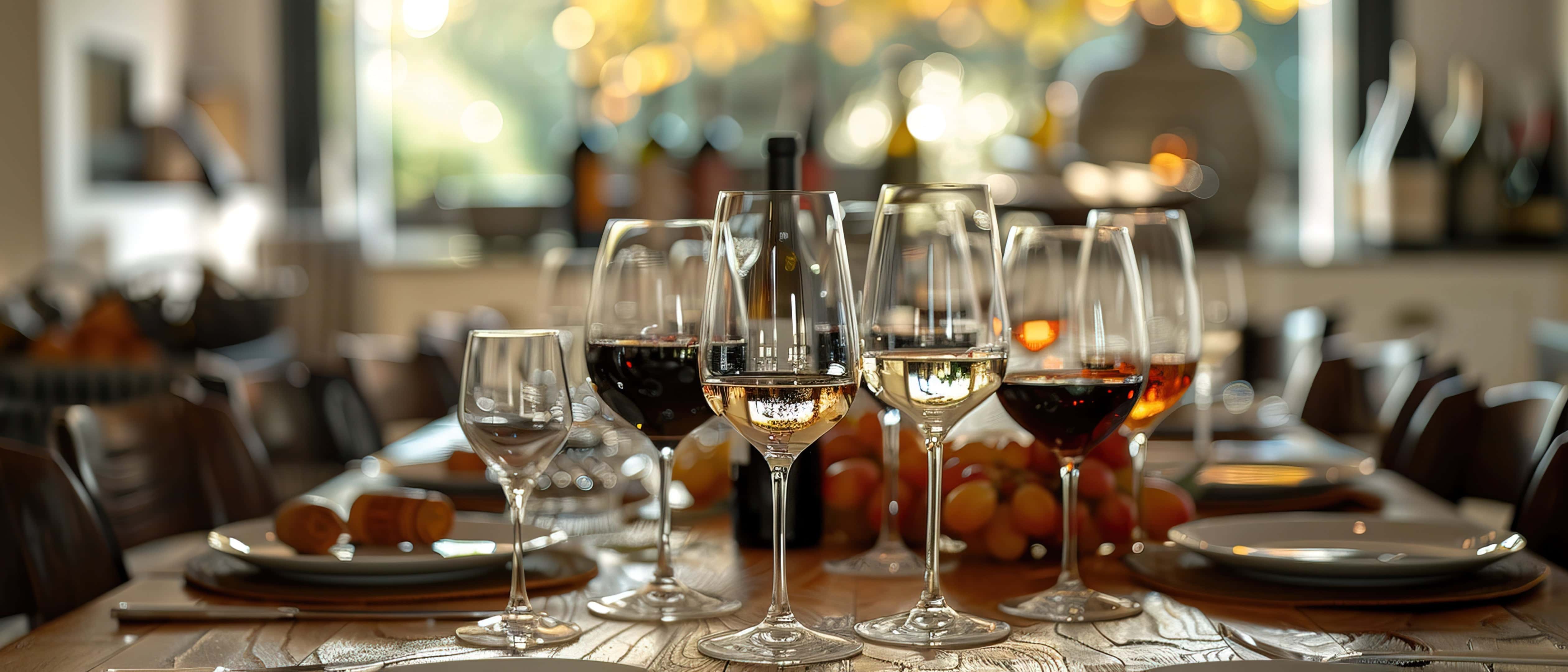Elegant dining table set with various styles of wine glasses filled with red, white, and rosé wine, with a blurred background of a warmly lit interior and wine bottles.