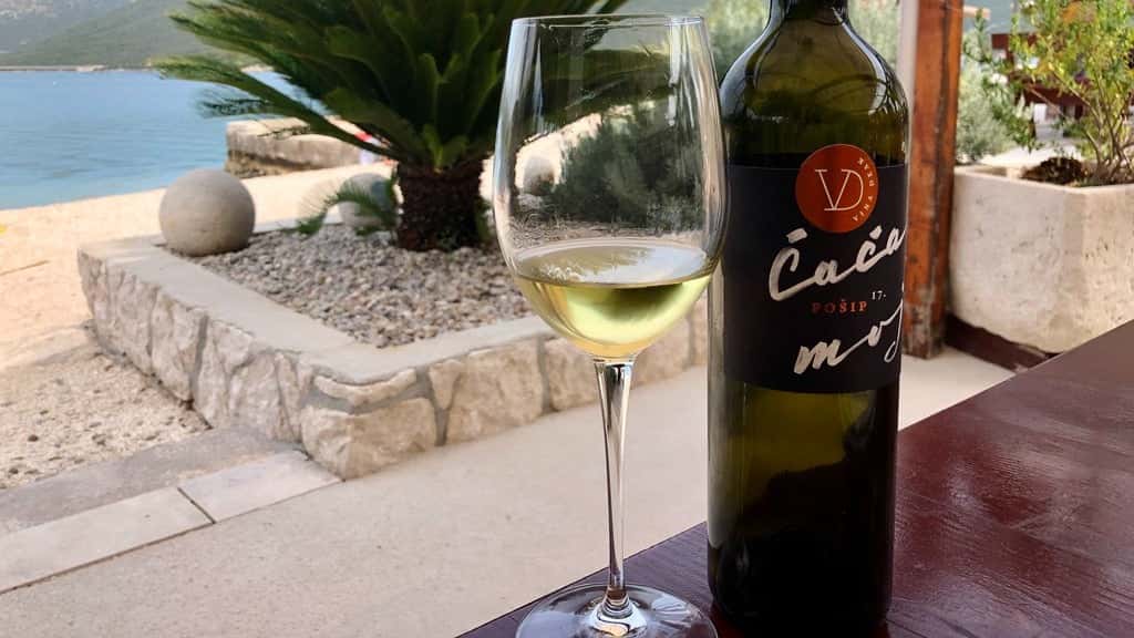 Glass of white wine and a bottle labeled 'Čača moj Pošip' on a wooden table overlooking a beachside terrace with tropical plants and ocean view.